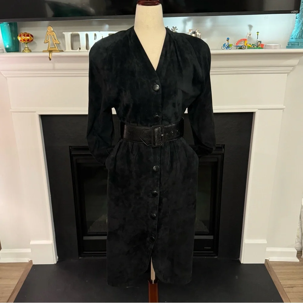 🖤 Vintage Carolyne Barton Black Suede Belted Shirt Dress – Size 4 - Picture 1 of 12